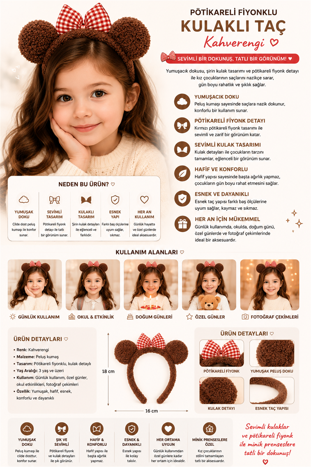 Gingham Check Bow Ear Crown Brown