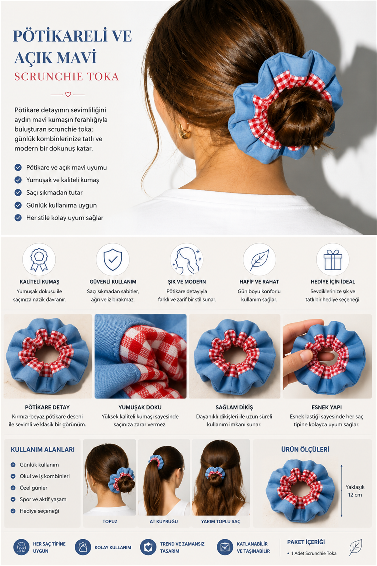 Pötikareli ve Açık Mavi Scrunchie Toka
