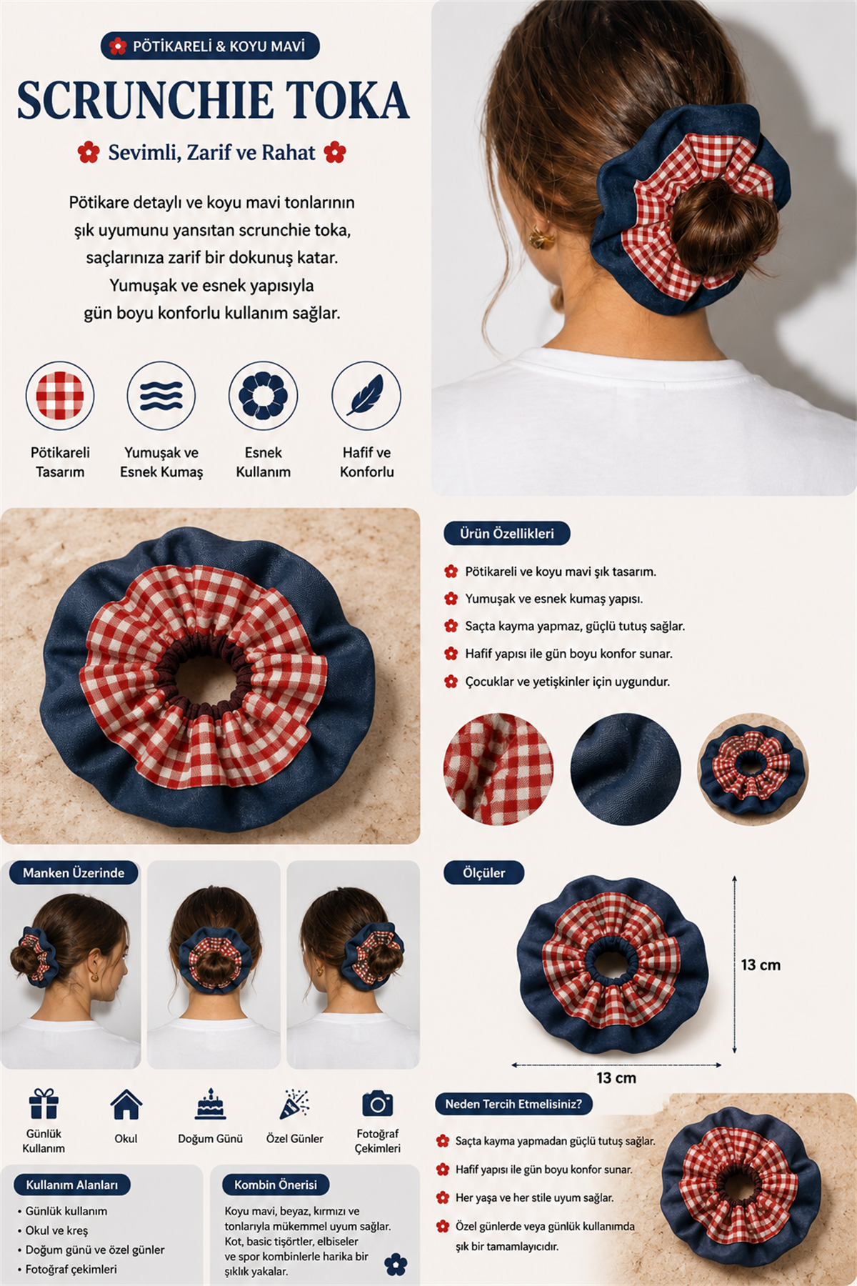 Pötikareli ve Koyu Mavi Scrunchie Toka