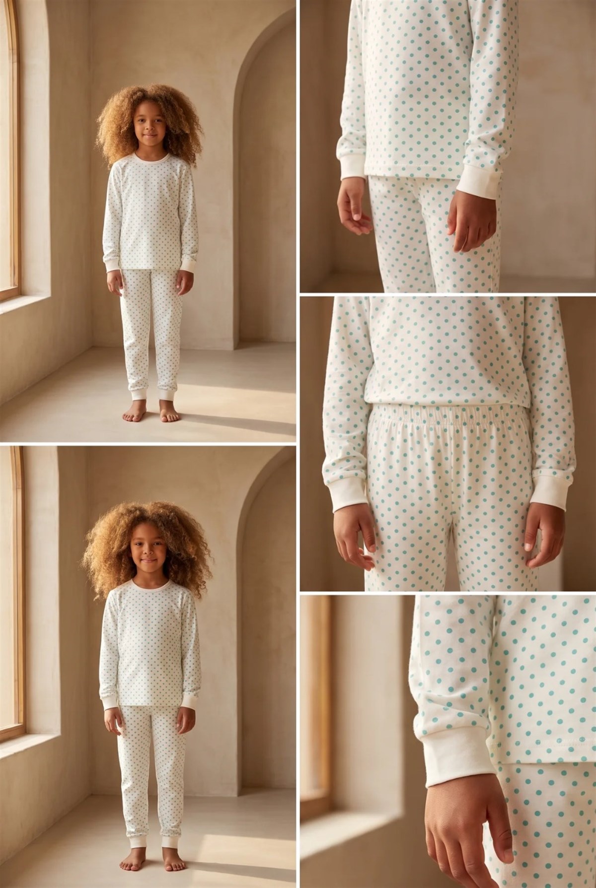 Puantiye Desen Çocuk Pijama Takımı Ekru