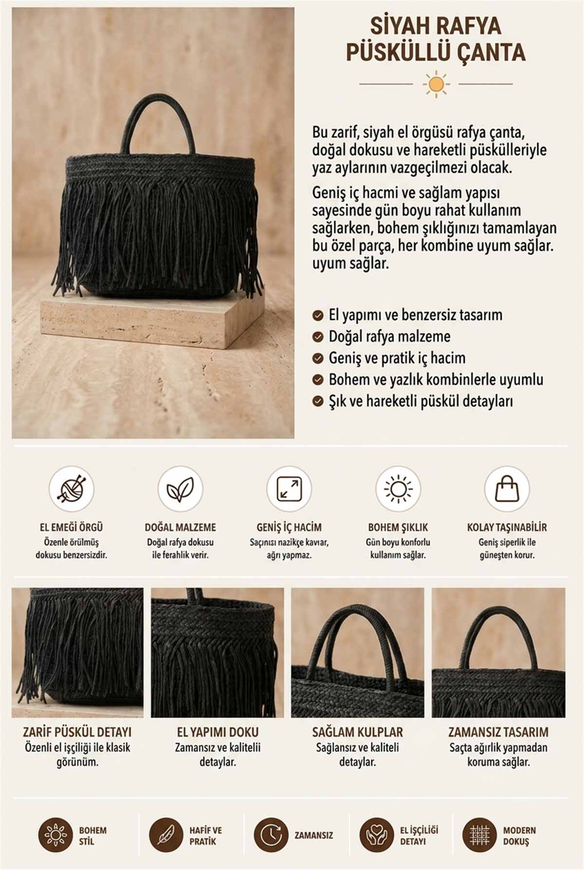 Saçaklı Siyah Hasır Çanta