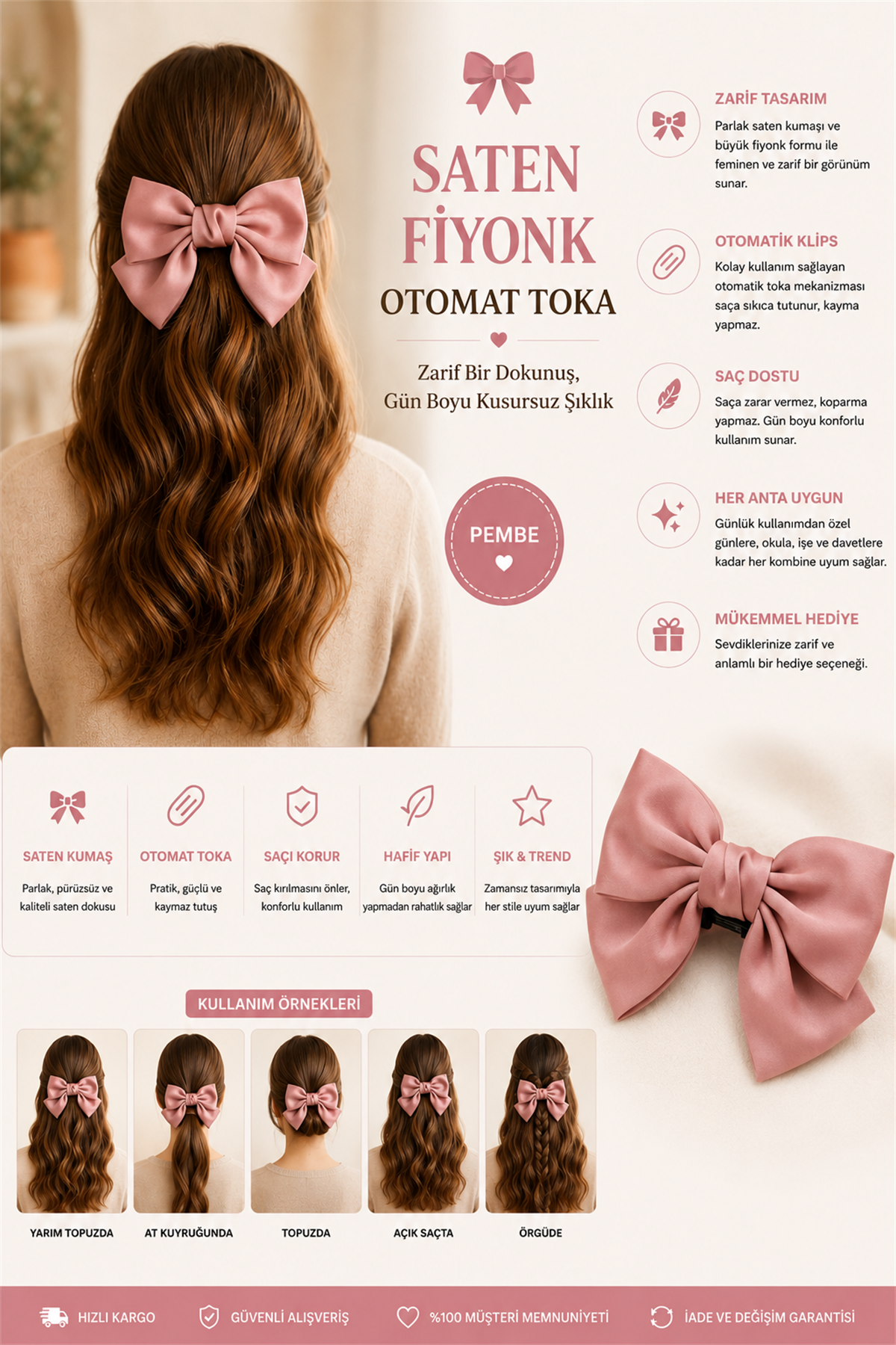 Saten Fiyonk Otomat Toka Pembe