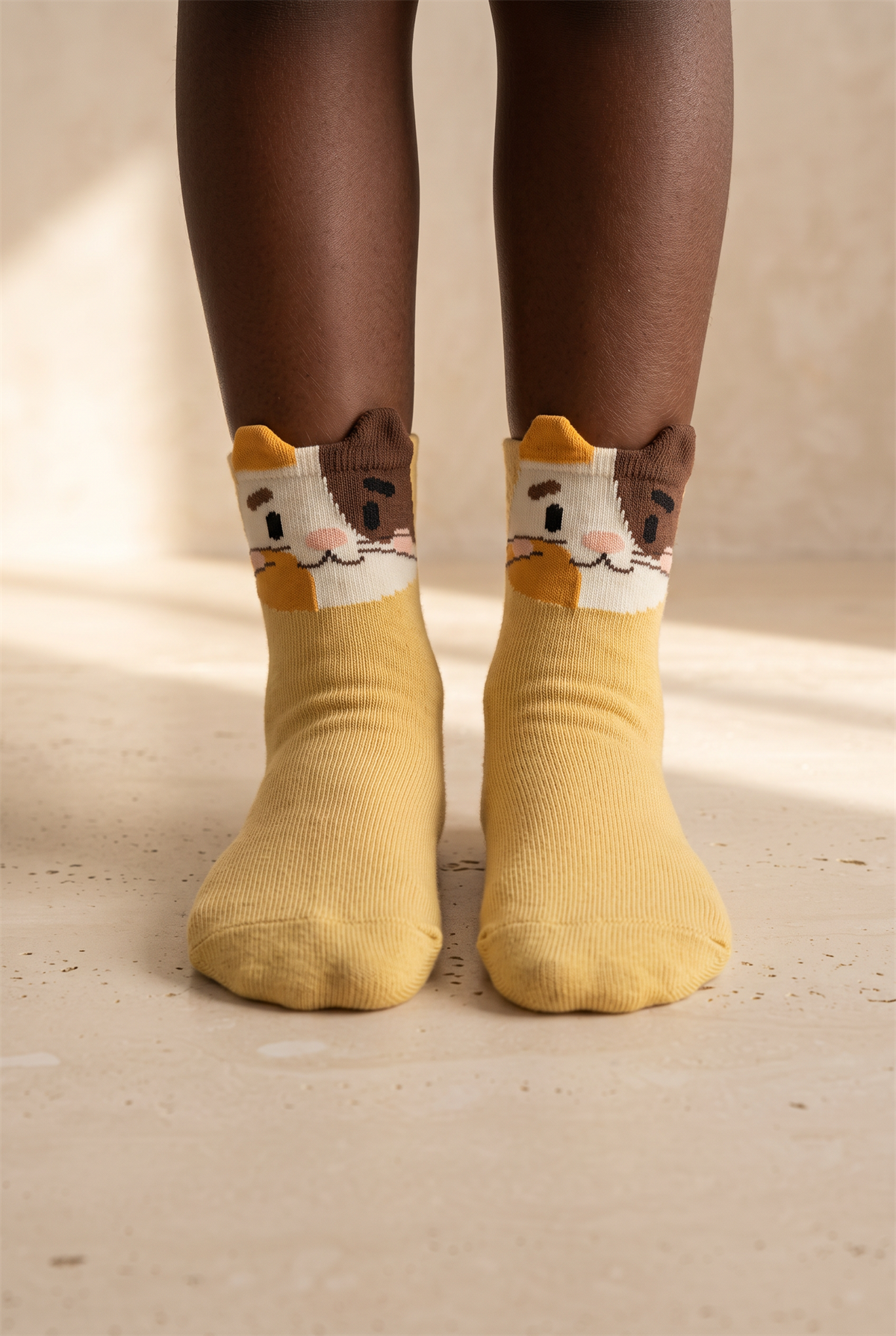 Yellow Childrens Socket Socks With Cute Animal Pattern