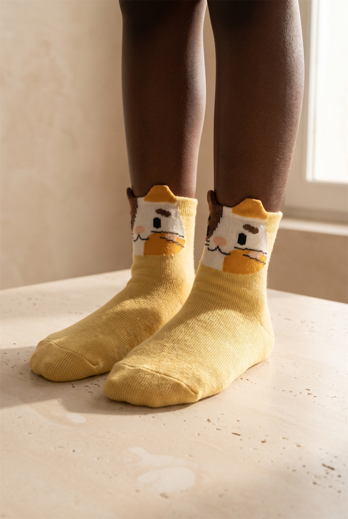 Yellow Childrens Socket Socks With Cute Animal Pattern