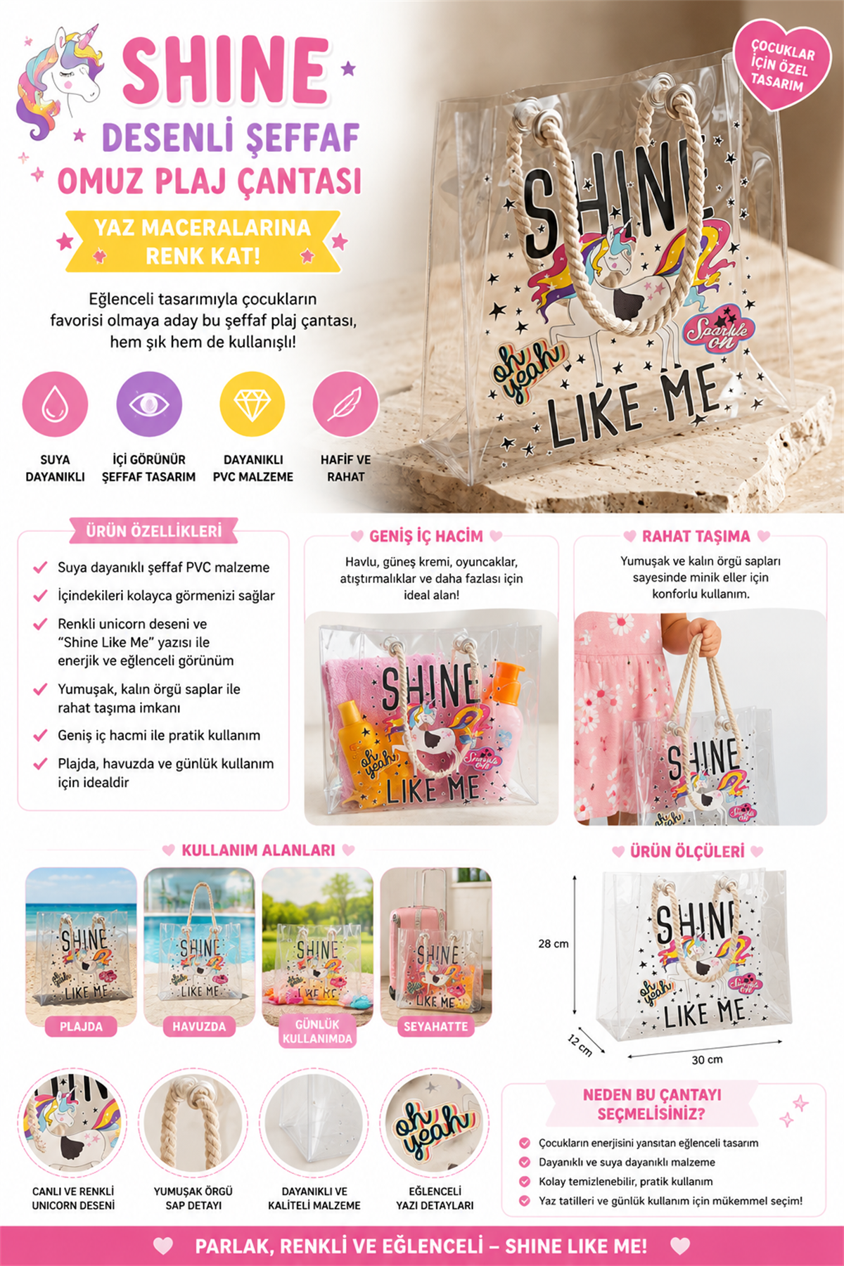 Shine Desenli Şeffaf Omuz Plaj Çantası 