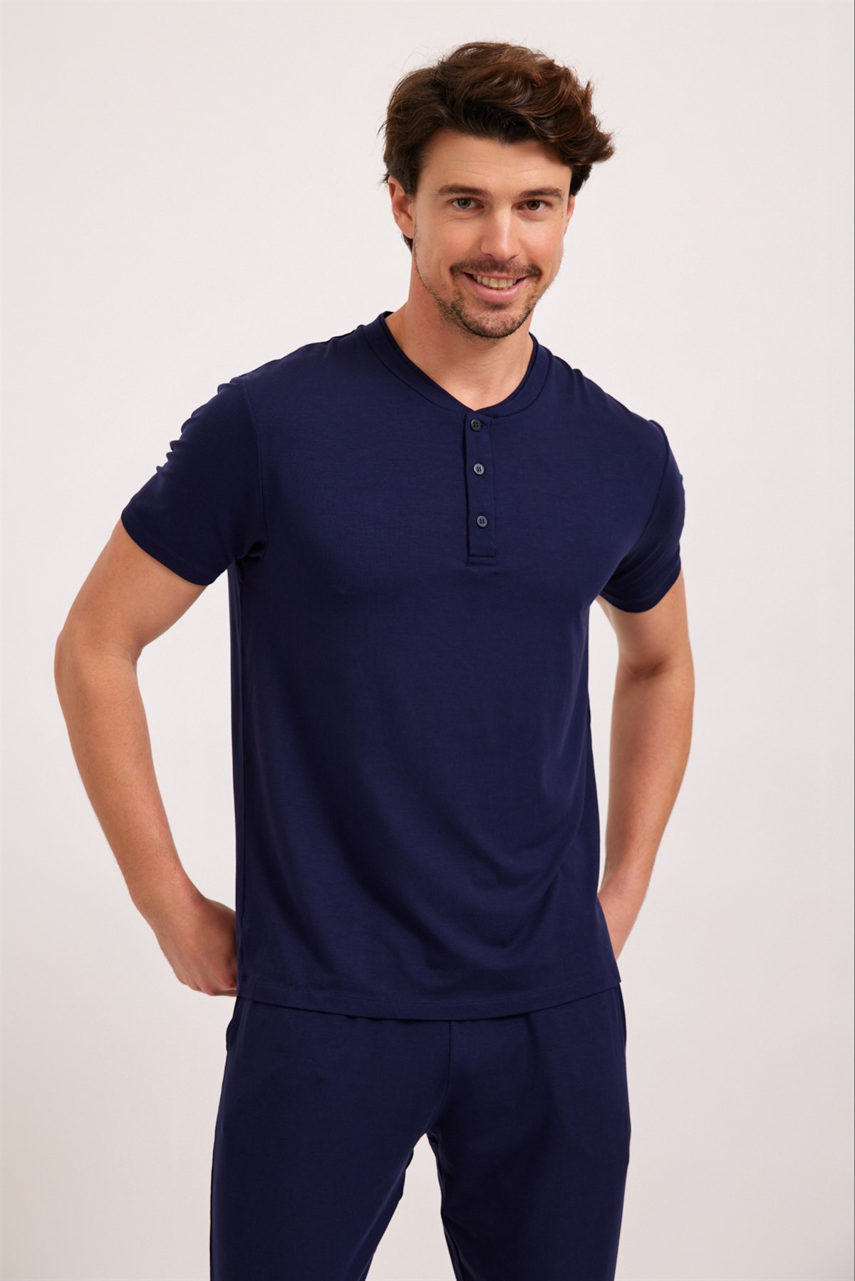 Mens Silver Button Pajama Top Navy Blue