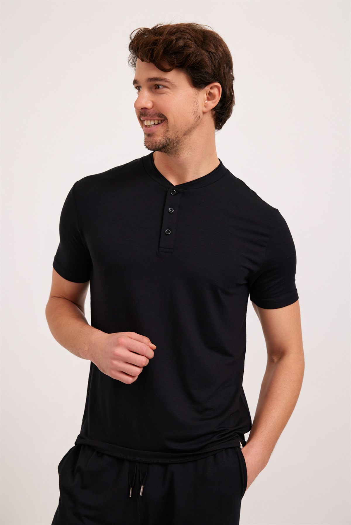 Mens Silver Button Pajama Top Black