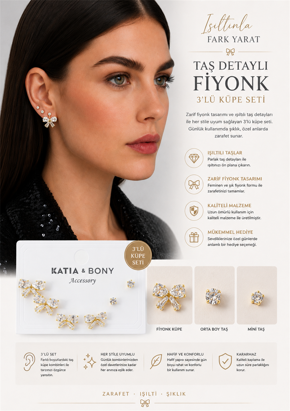 Taş Detaylı Fiyonk 3lü Küpe Seti
