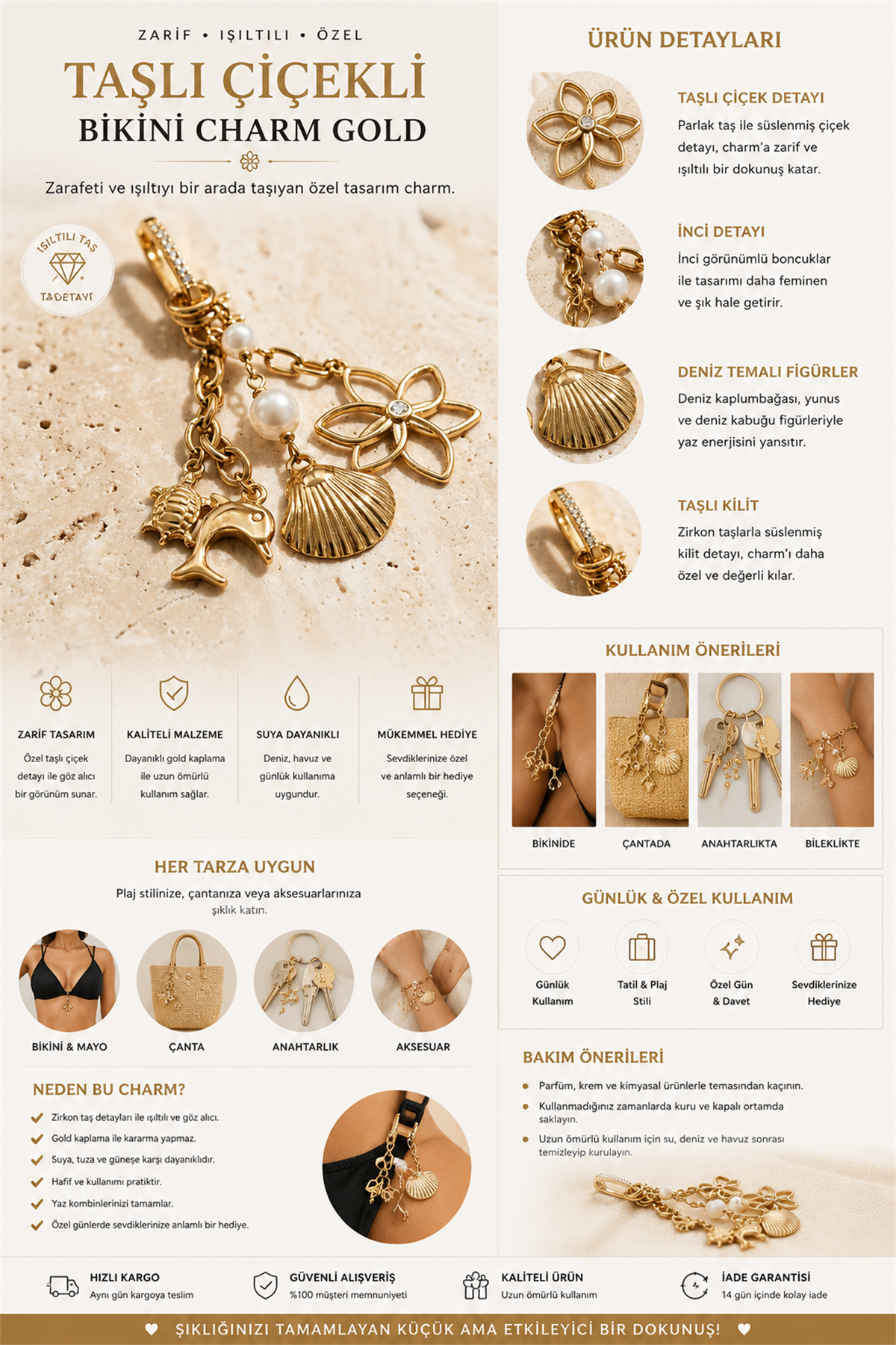 Taşlı Çiçekli Bikini Charm Gold