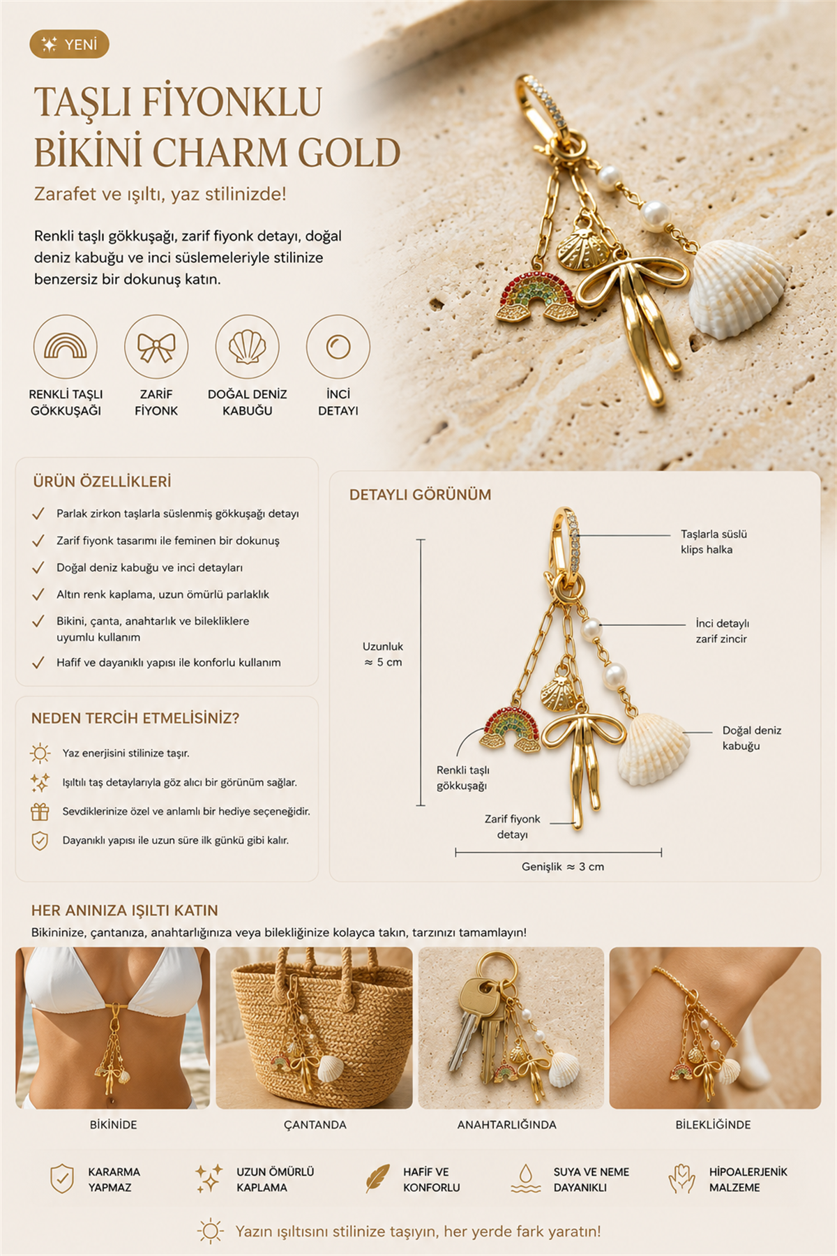 Taşlı Fiyonklu Bikini Charm Gold