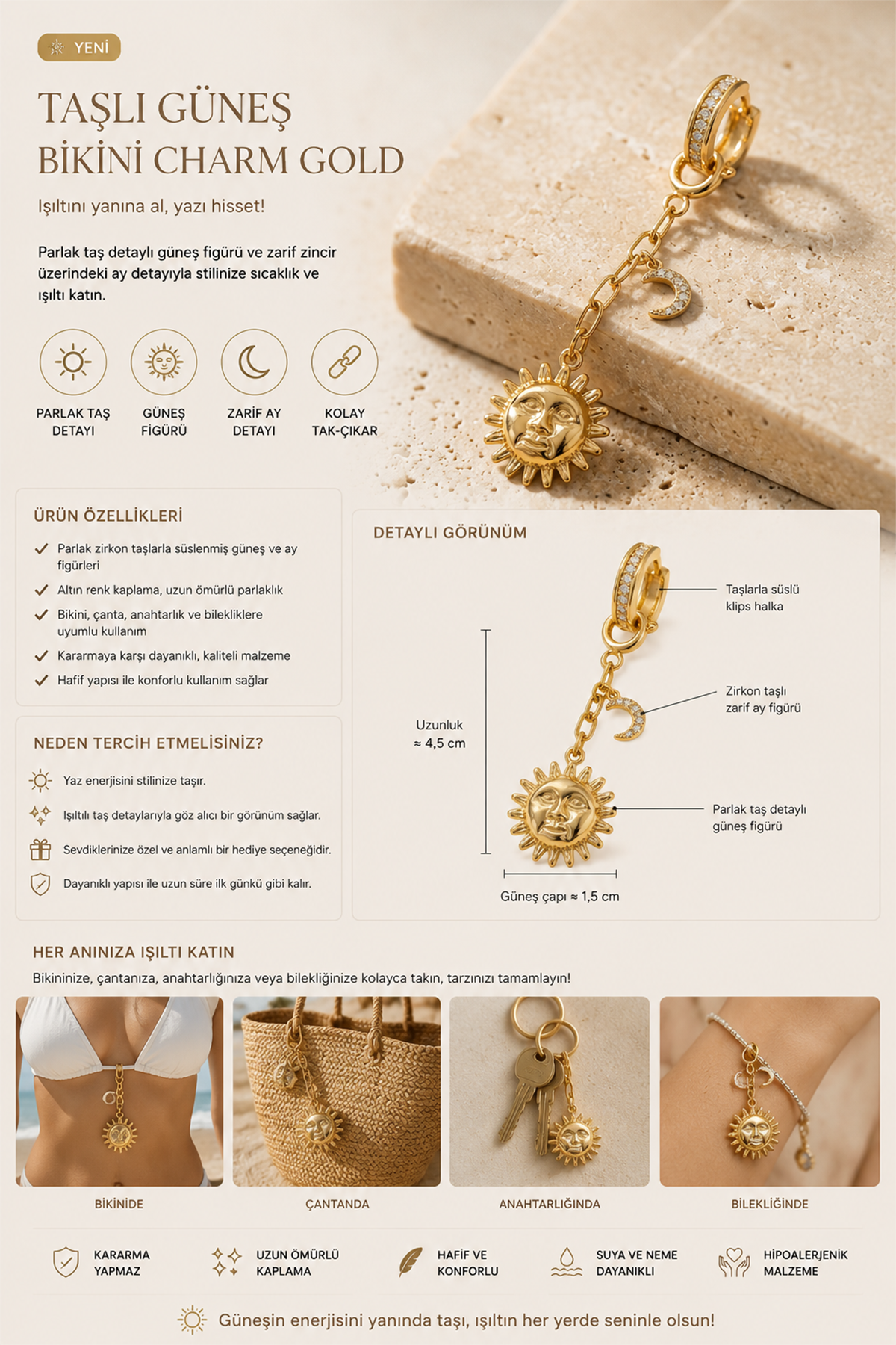 Taşlı Güneş Bikini Charm Gold