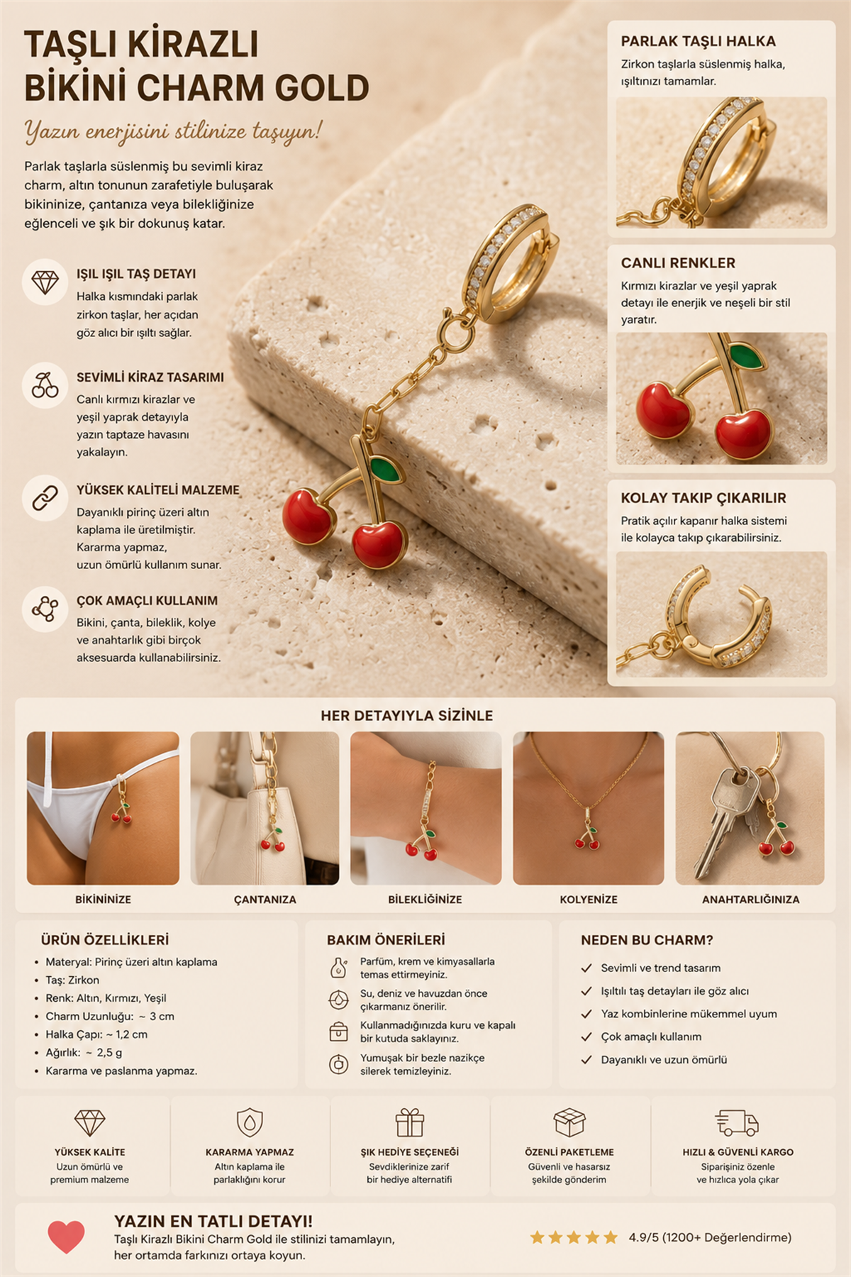 Taşlı Kirazlı Bikini Charm Gold