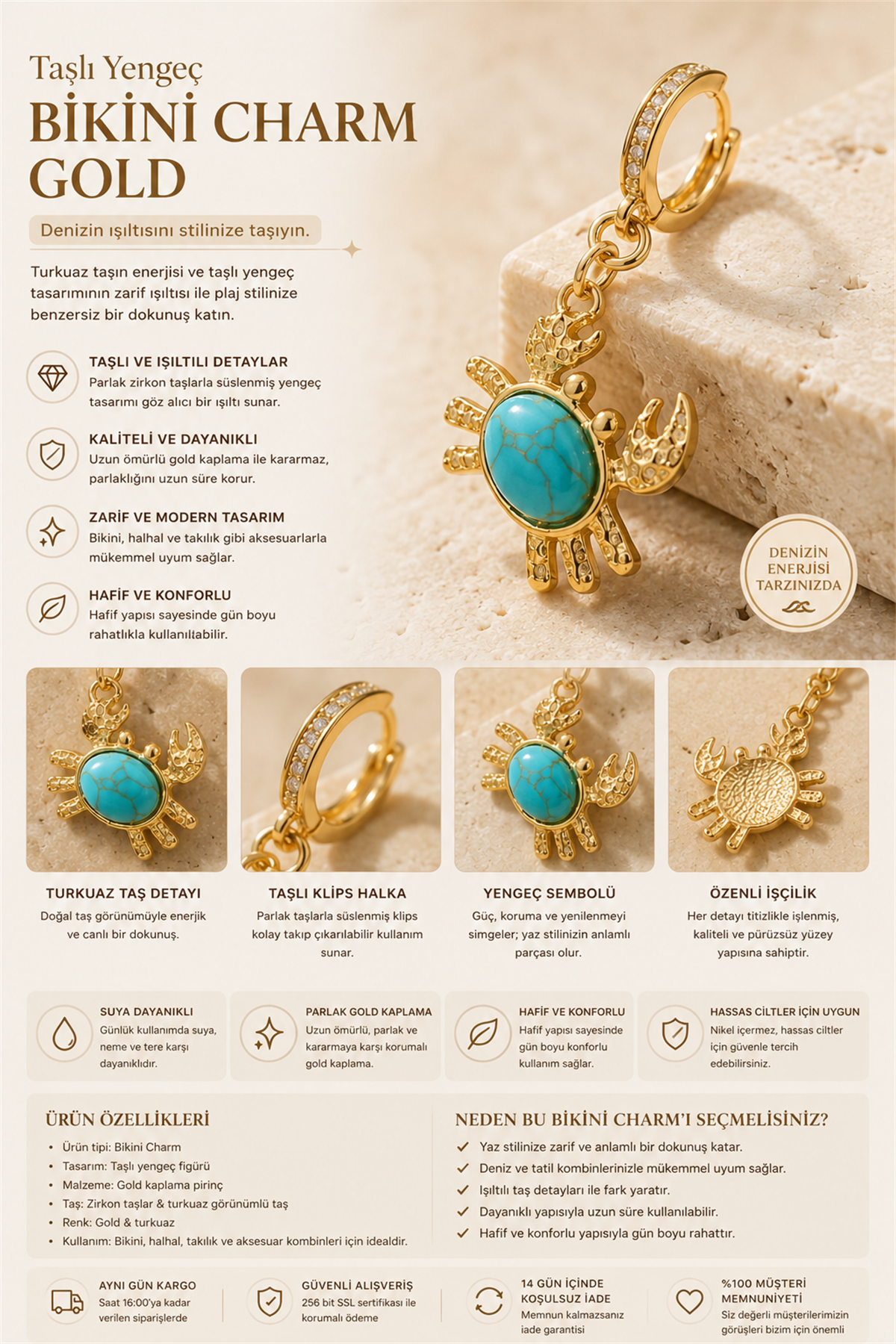 Taşlı Yengeç Bikini Charm Gold