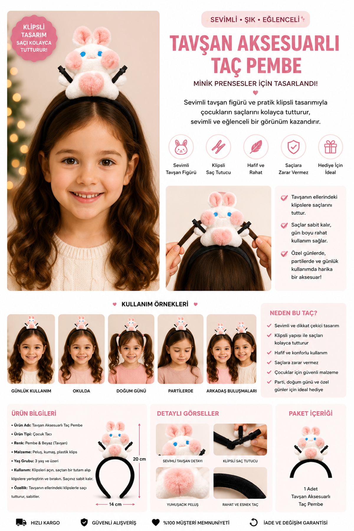 Tavşan Aksesuarlı Taç Pembe