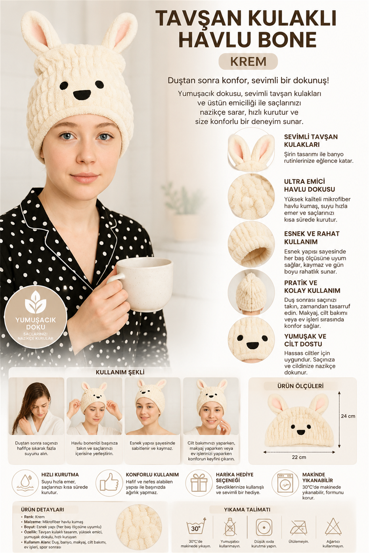 Rabbit Ear Towel Bonnet Cream
