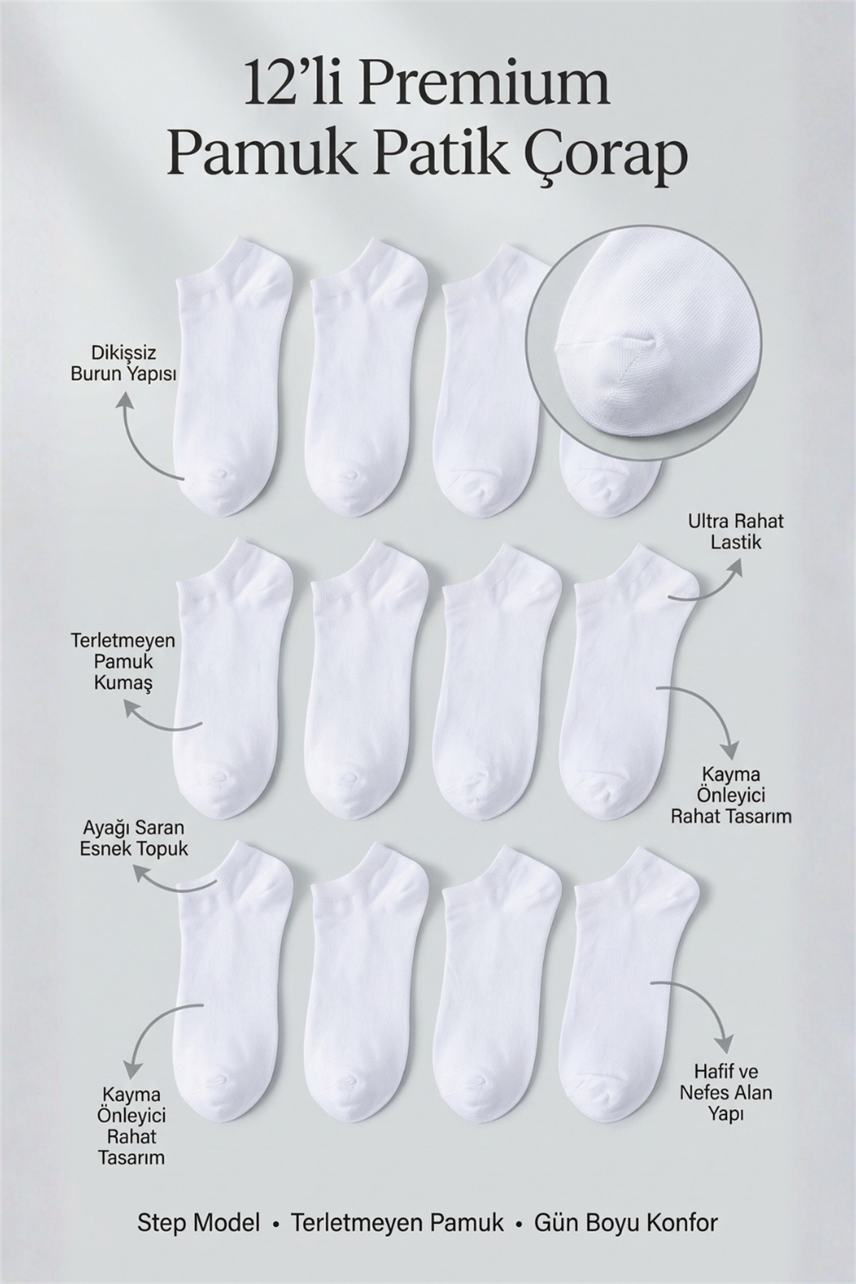 Unisex 12li Basic Step Çorap Beyaz