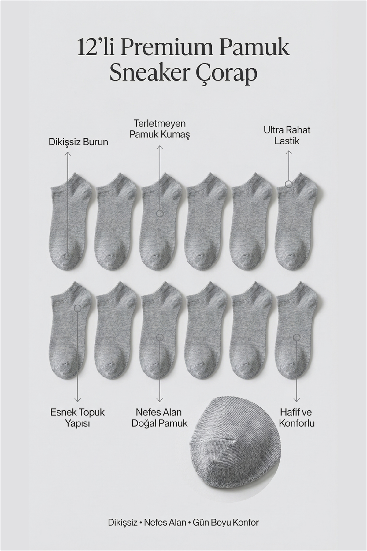 Unisex 12li Basic Step Çorap Gri
