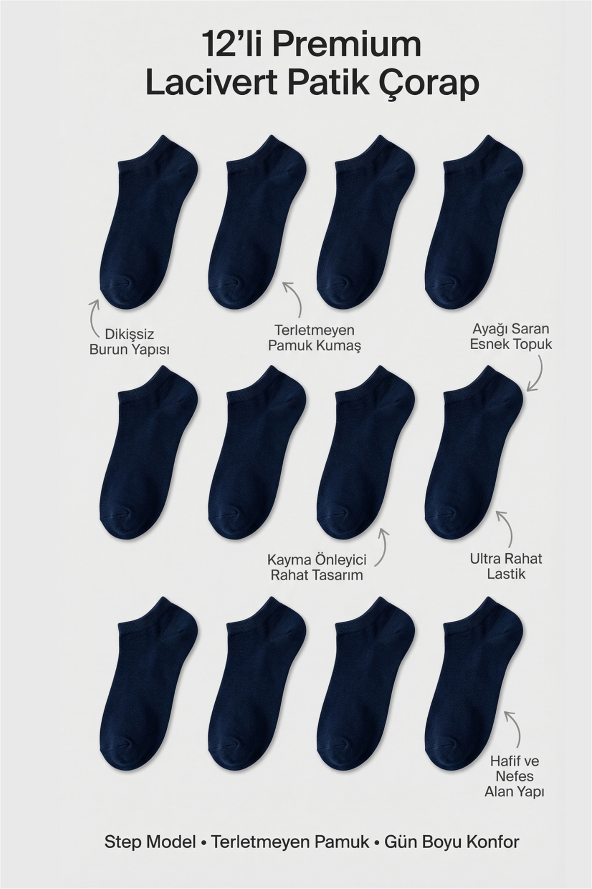 Unisex 12li Basic Step Çorap Lacivert