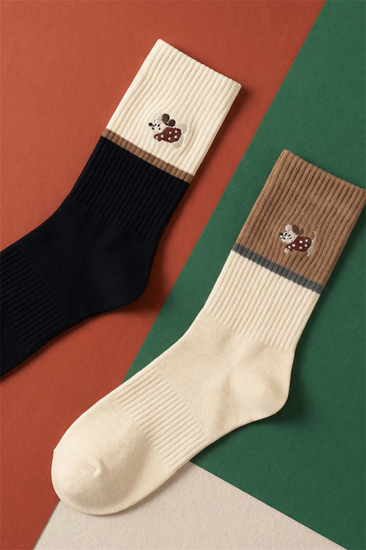 Unisex 2li Köpek Nakışlı Soket Çorap Ekru Mix