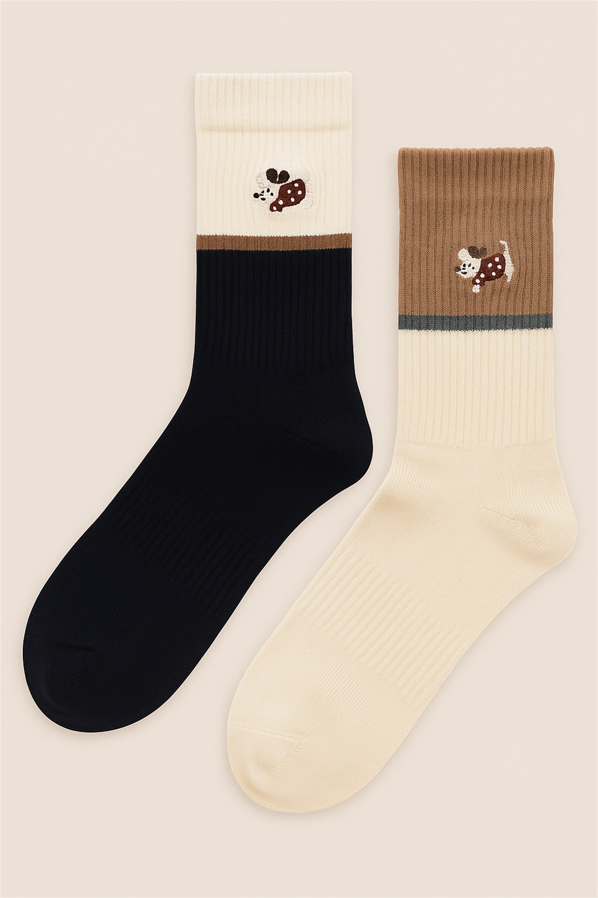 Unisex 2li Köpek Nakışlı Soket Çorap Ekru Mix