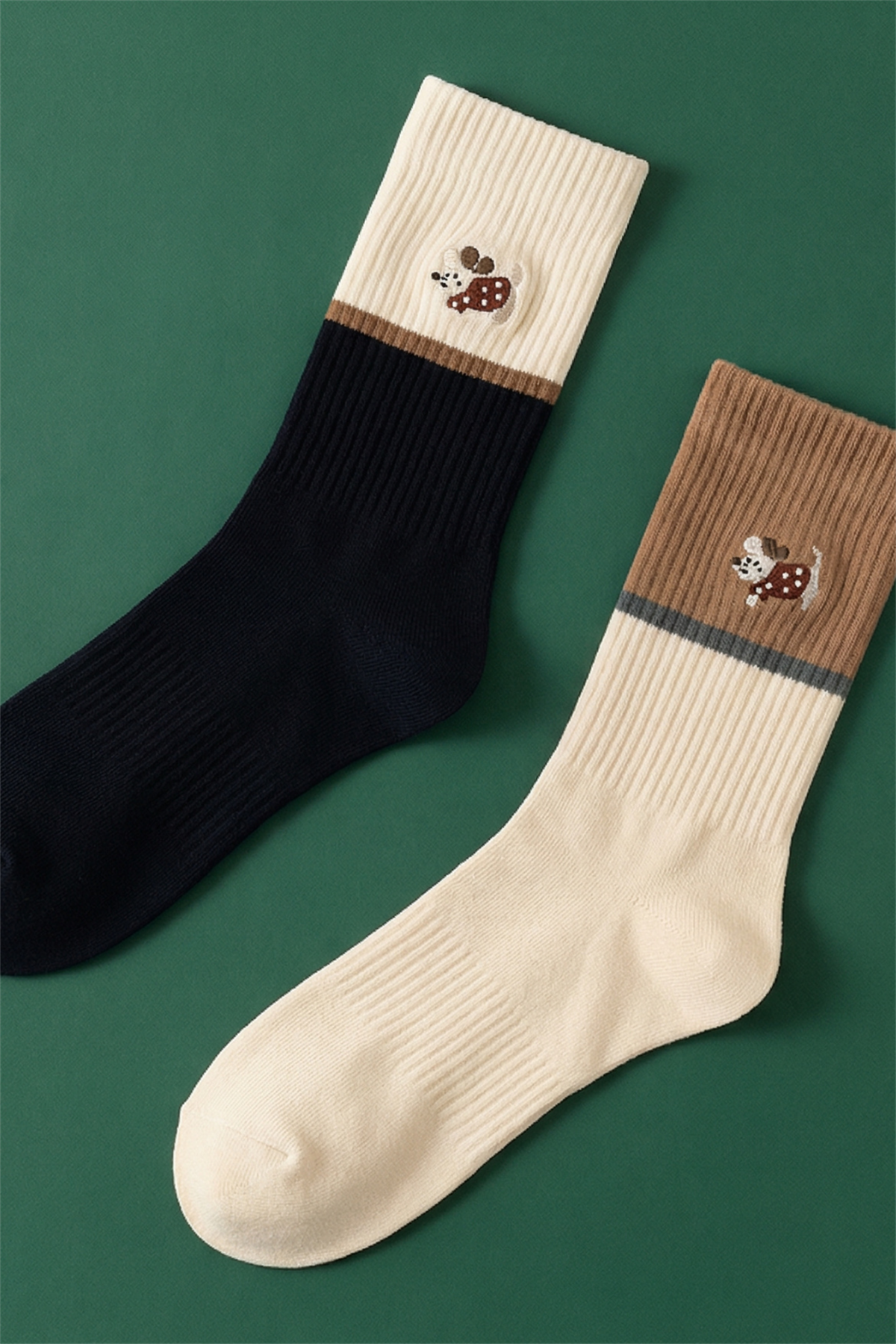 Unisex 2li Köpek Nakışlı Soket Çorap Ekru Mix