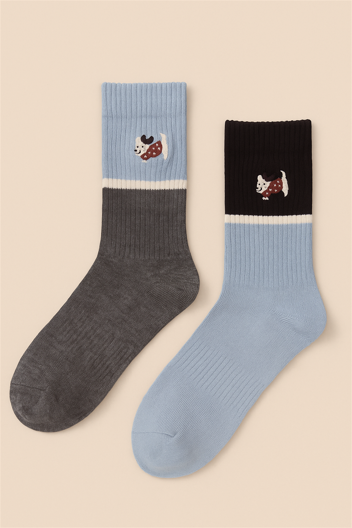Unisex 2li Köpek Nakışlı Soket Çorap Mavi Mix