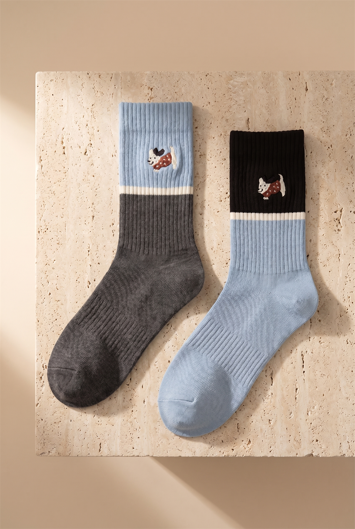 Unisex 2li Köpek Nakışlı Soket Çorap Mavi Mix