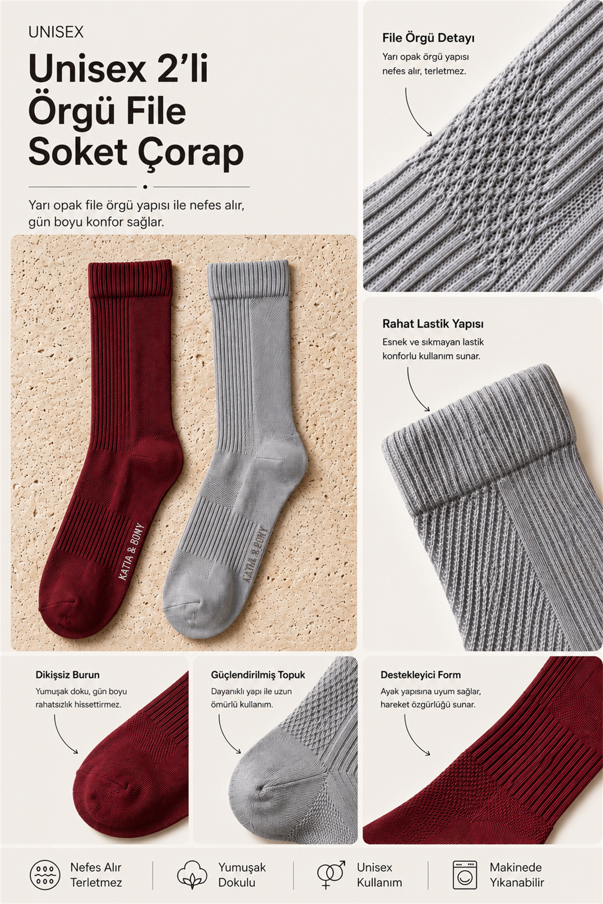 Unisex 2li Örgü File Soket Çorap Bordo-Gri