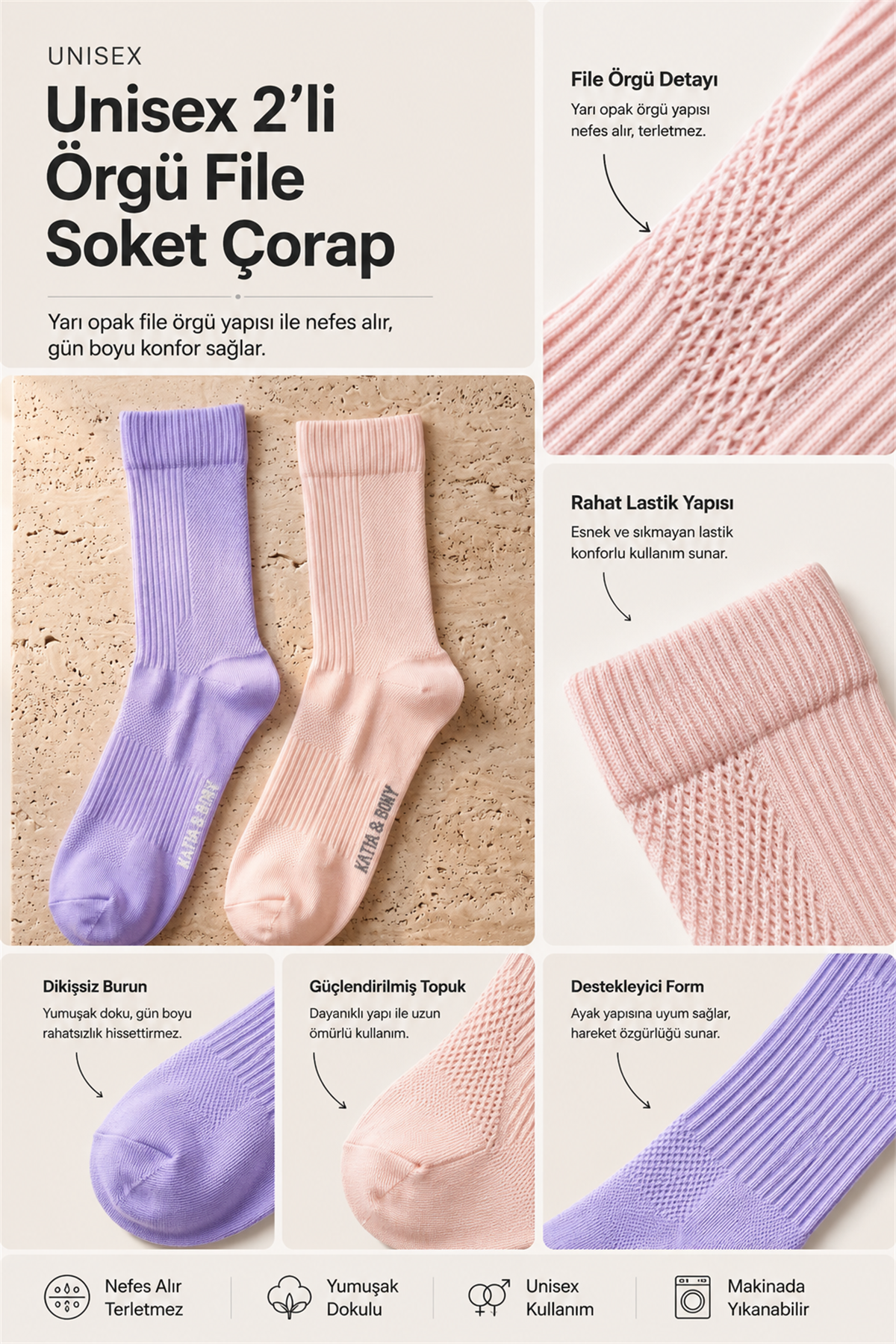 Unisex 2li Örgü File Soket Çorap Lila-Pembe