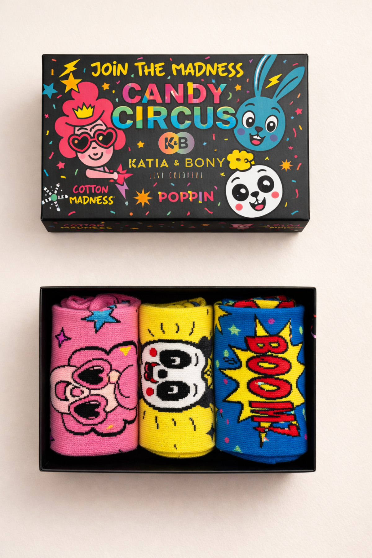 Unisex 3'lü Candy Desenli Kutulu Soket Çorap