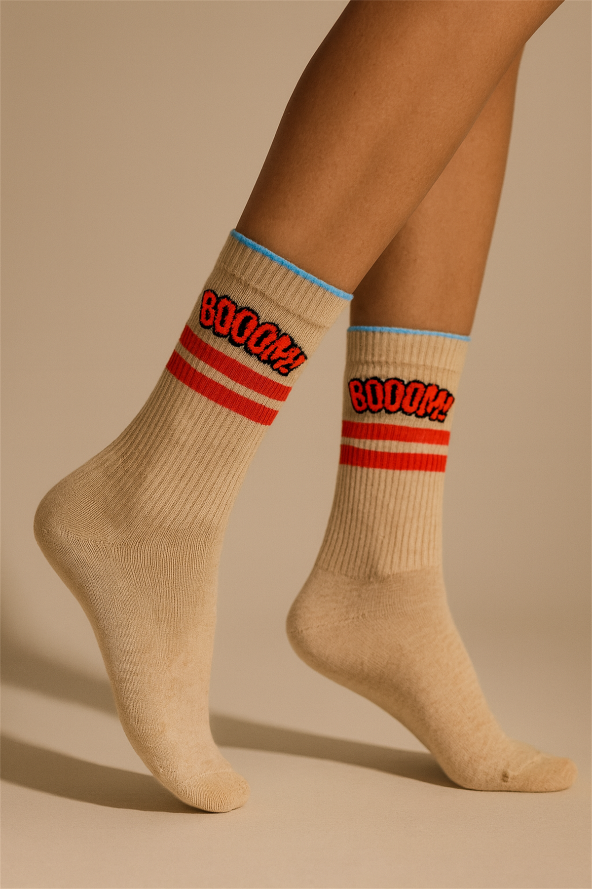 Unisex Boom Desenli Soket Çorap Bej