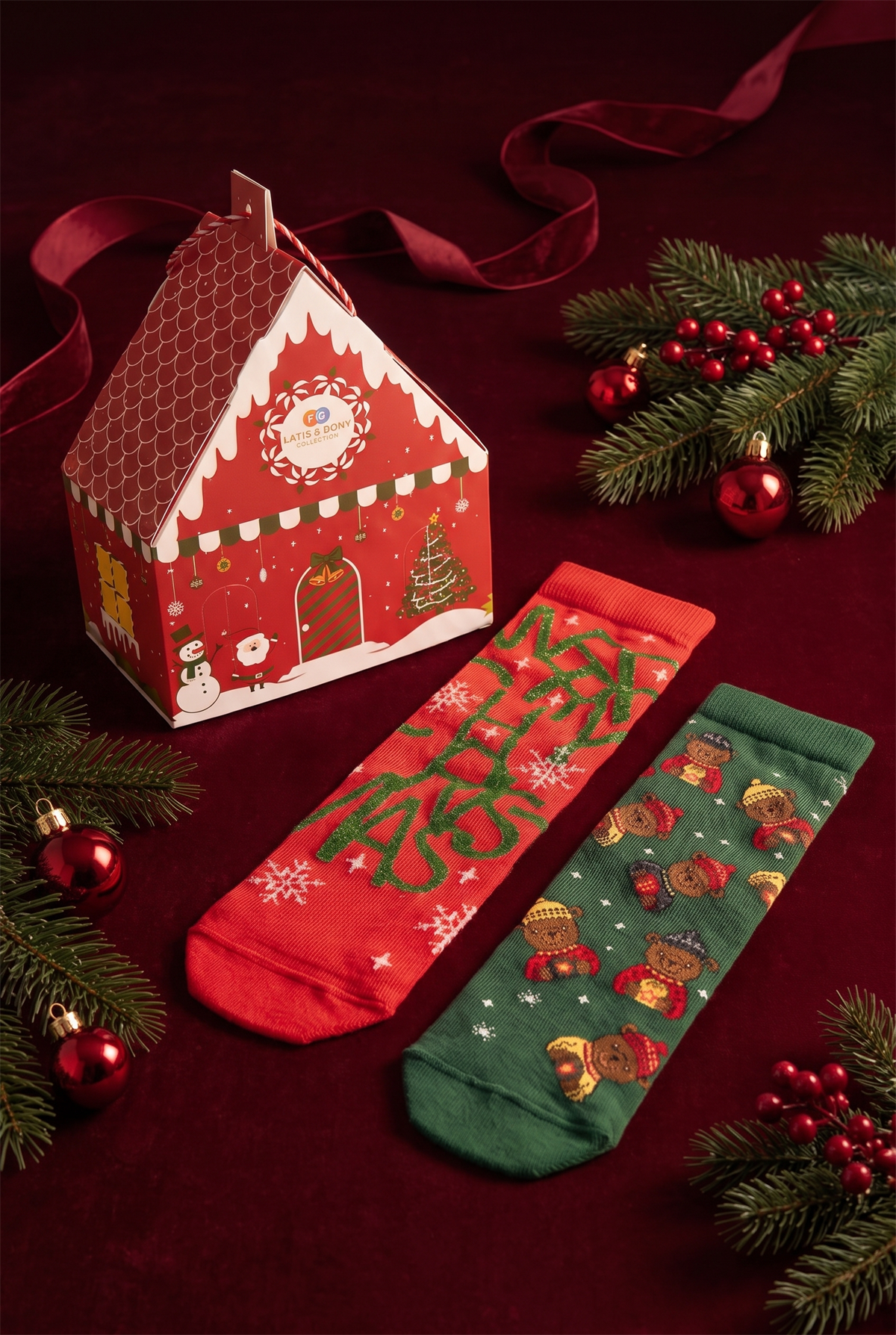Unisex Christmas Kutulu 2li Pamuklu Soket Çorap