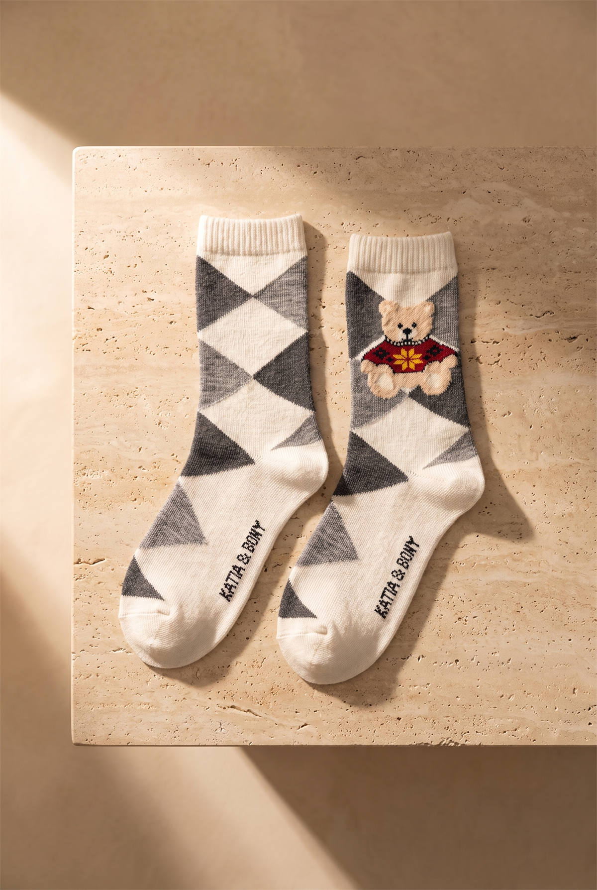 Unisex Ekoseli Teddy Yün Soket Çorap Ekru