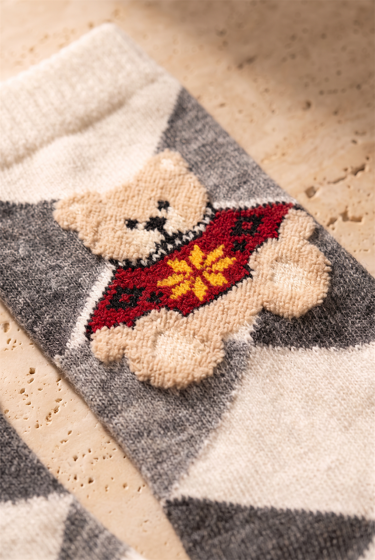 Unisex Ekoseli Teddy Yün Soket Çorap Ekru