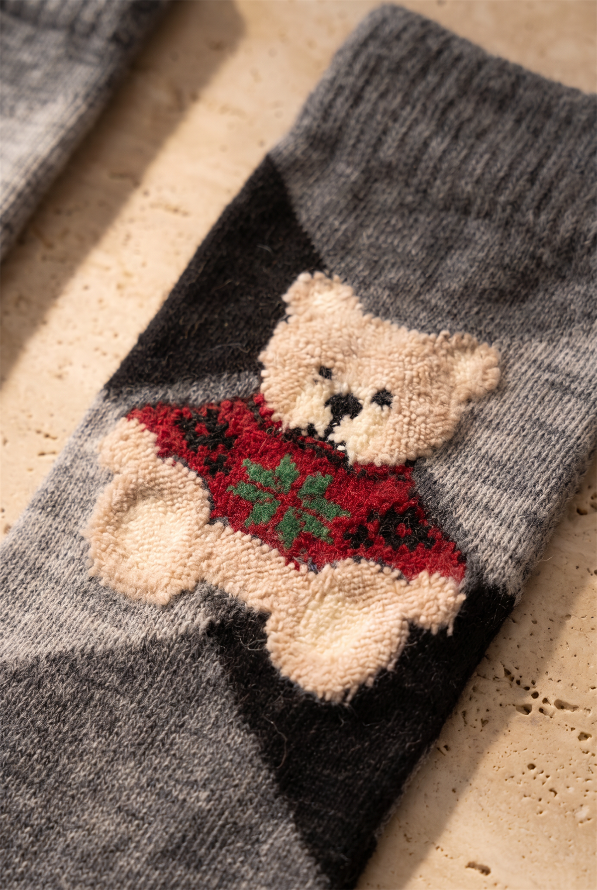 Unisex Ekoseli Teddy Yün Soket Çorap Gri