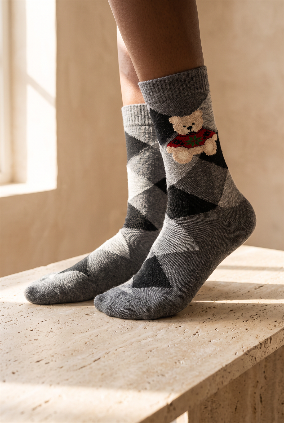 Unisex Ekoseli Teddy Yün Soket Çorap Gri