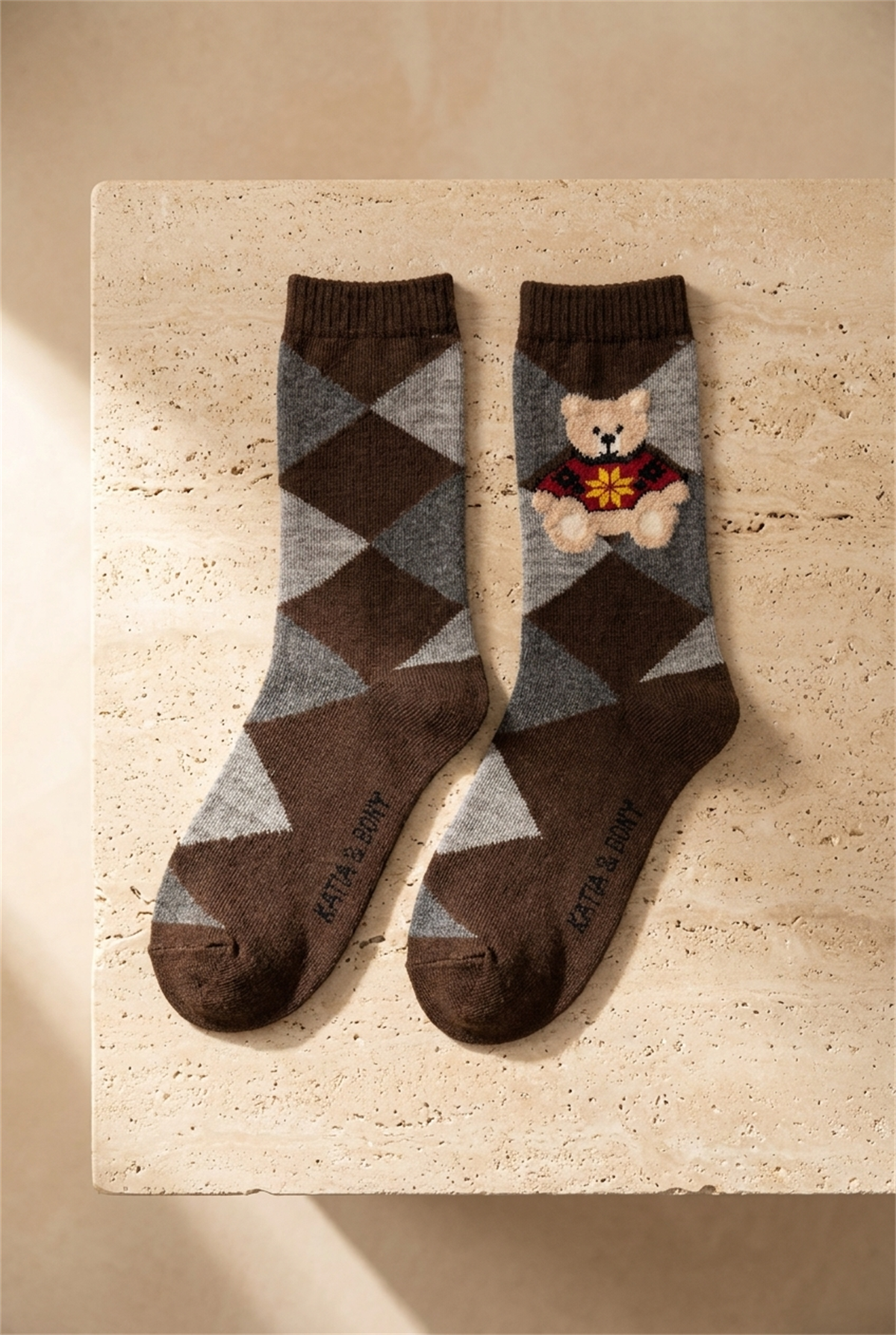 Unisex Ekoseli Teddy Yün Soket Çorap Kahverengi