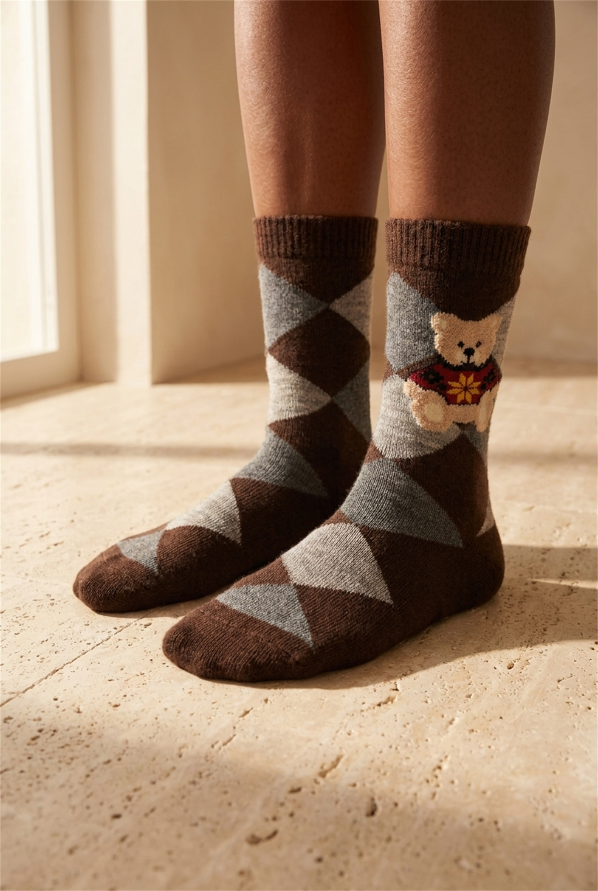 Unisex Ekoseli Teddy Yün Soket Çorap Kahverengi