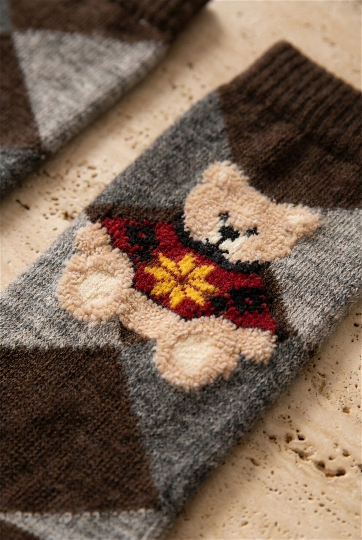 Unisex Ekoseli Teddy Yün Soket Çorap Kahverengi