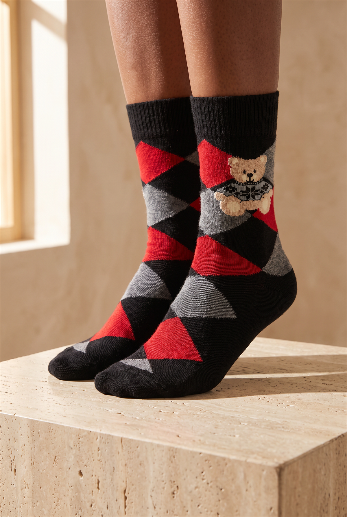 Unisex Ekoseli Teddy Yün Soket Çorap Siyah