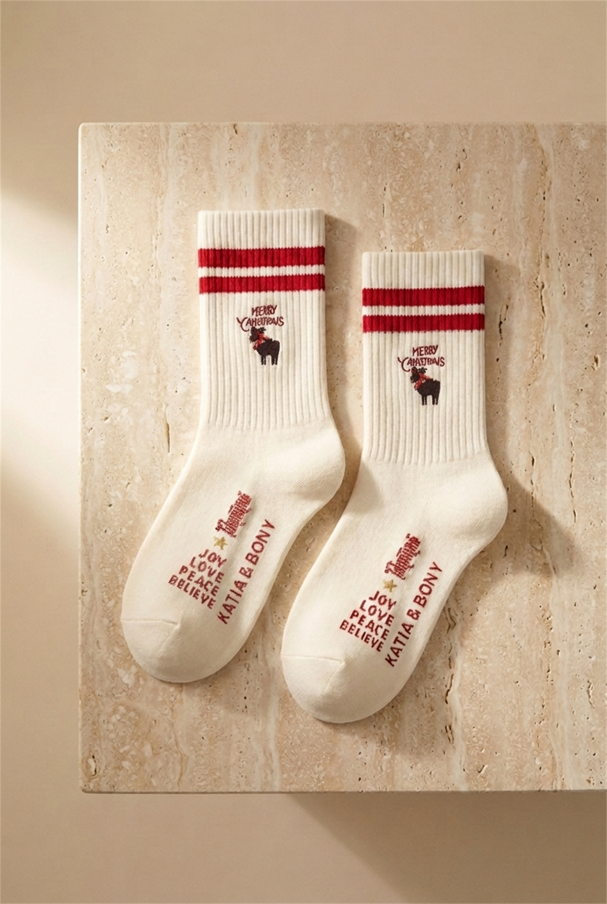 Unisex Geyikli Yılbaşı Soket Çorap Beyaz