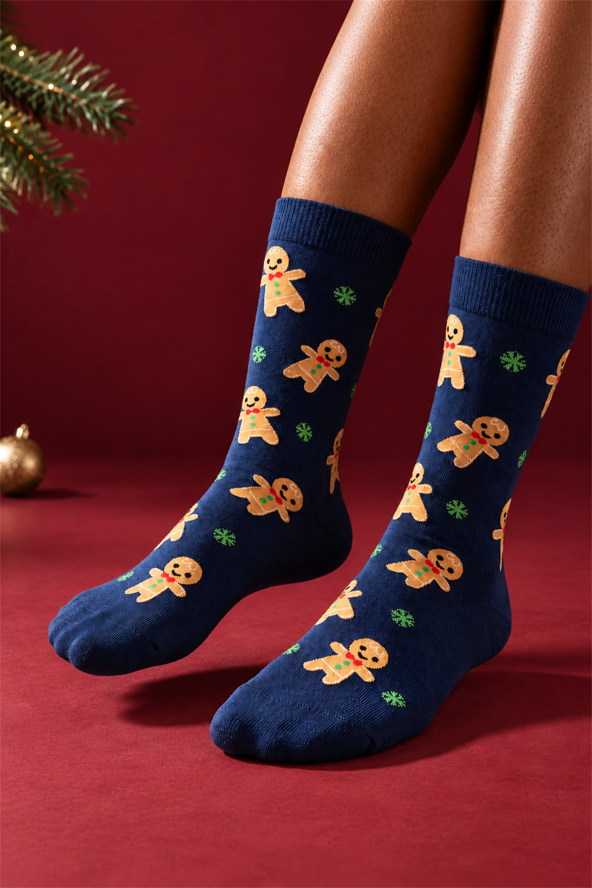 Unisex Ginger Breadman Desenli Yılbaşı Temalı Soket Çorap Lacivert