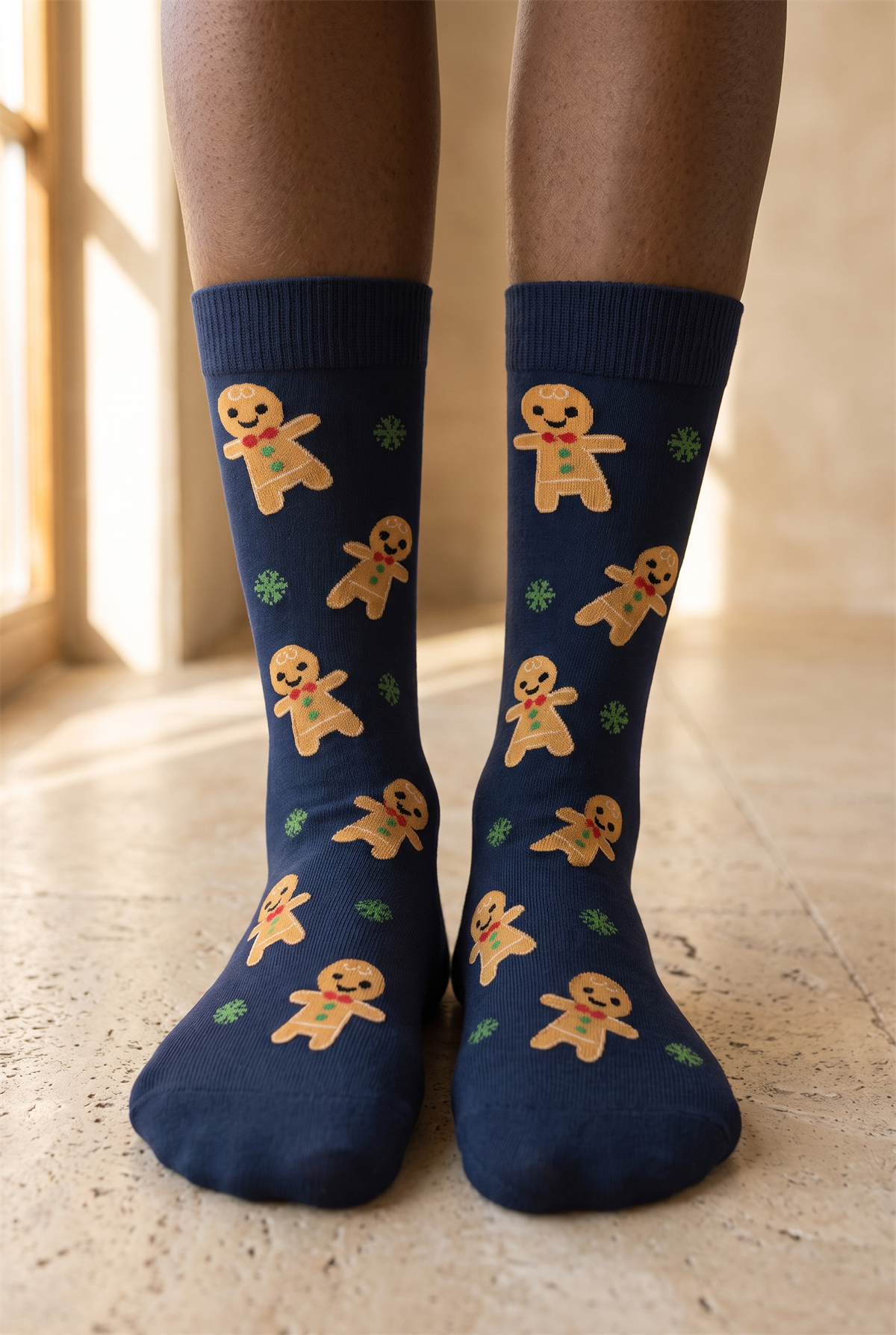 Unisex Ginger Breadman Desenli Yılbaşı Temalı Soket Çorap Lacivert