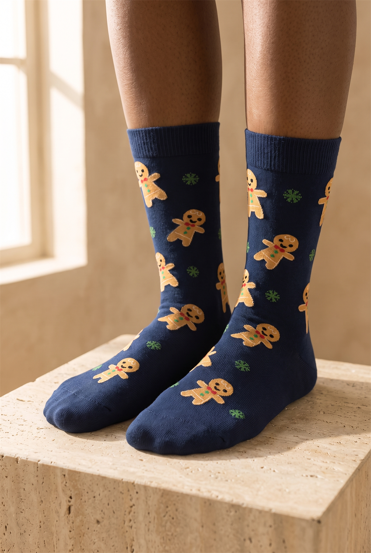 Unisex Ginger Breadman Desenli Yılbaşı Temalı Soket Çorap Lacivert