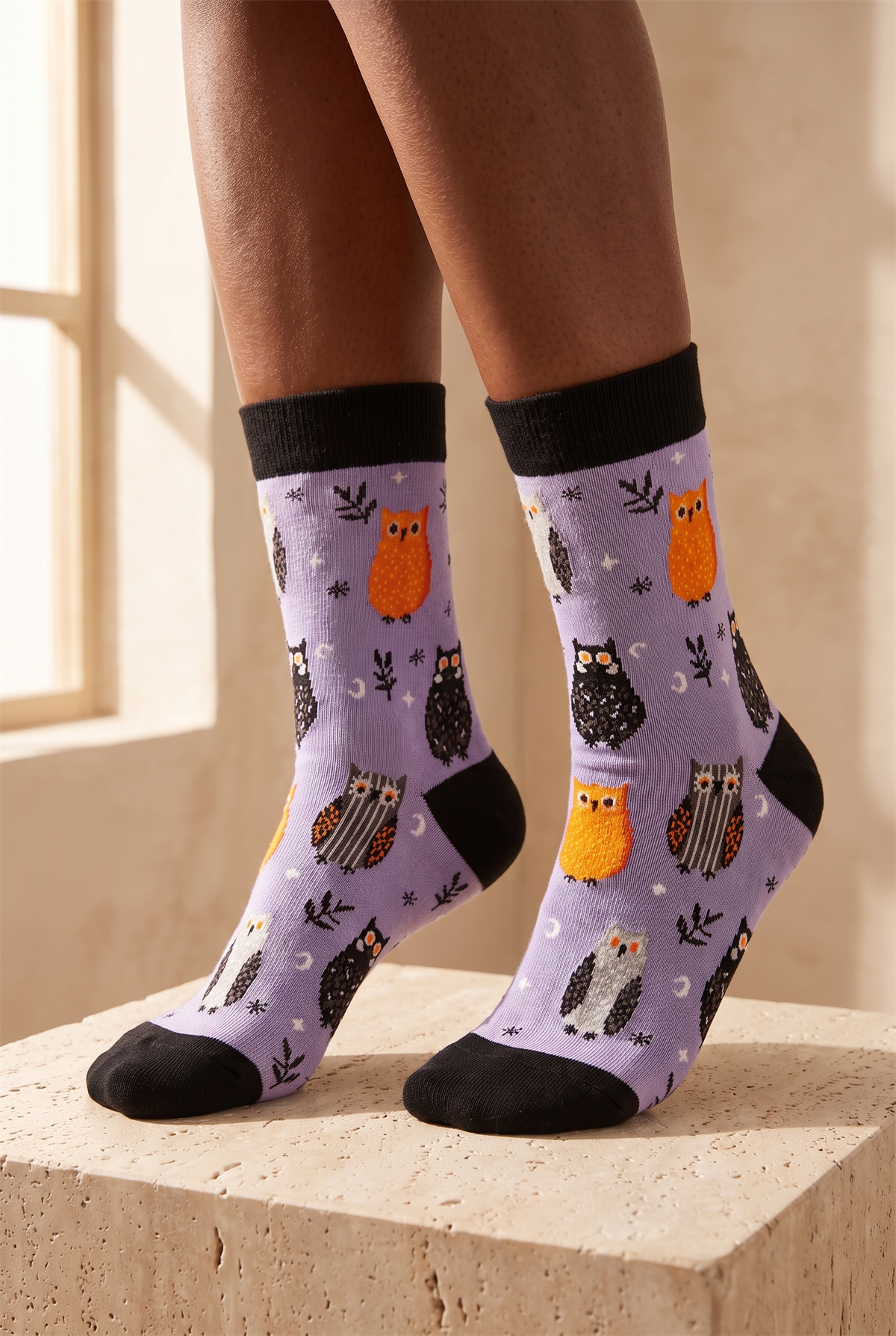 Unisex Halloween Temalı Baykuş Desenli Soket Çorap Lila