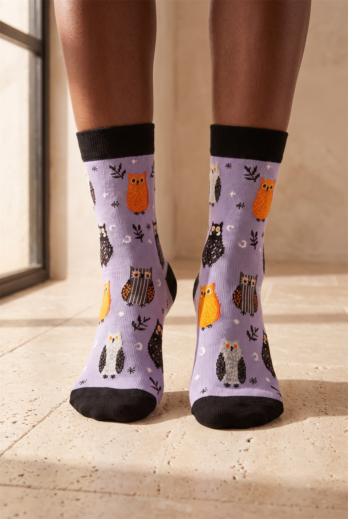 Unisex Halloween Temalı Baykuş Desenli Soket Çorap Lila