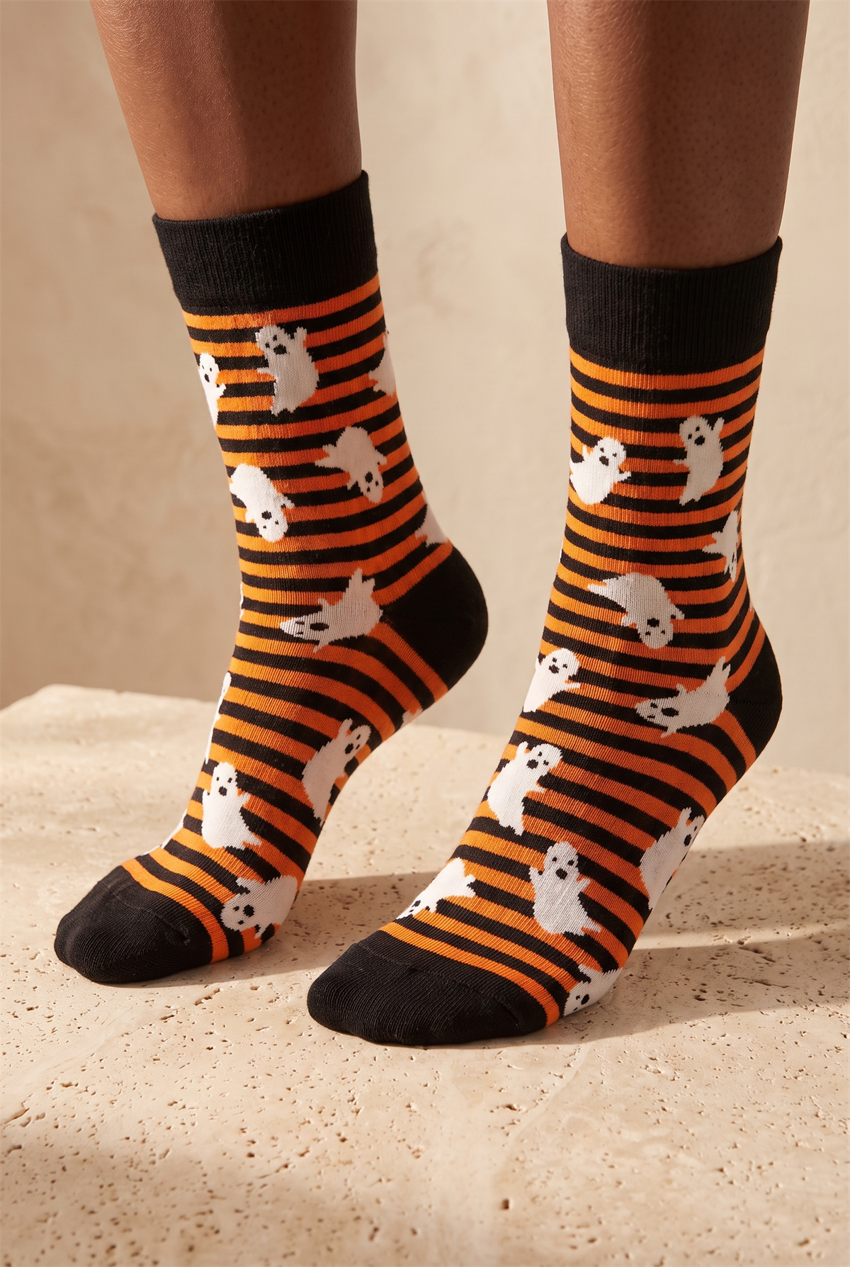 Unisex Halloween Temalı Hayalet Desenli Soket Çorap Turuncu