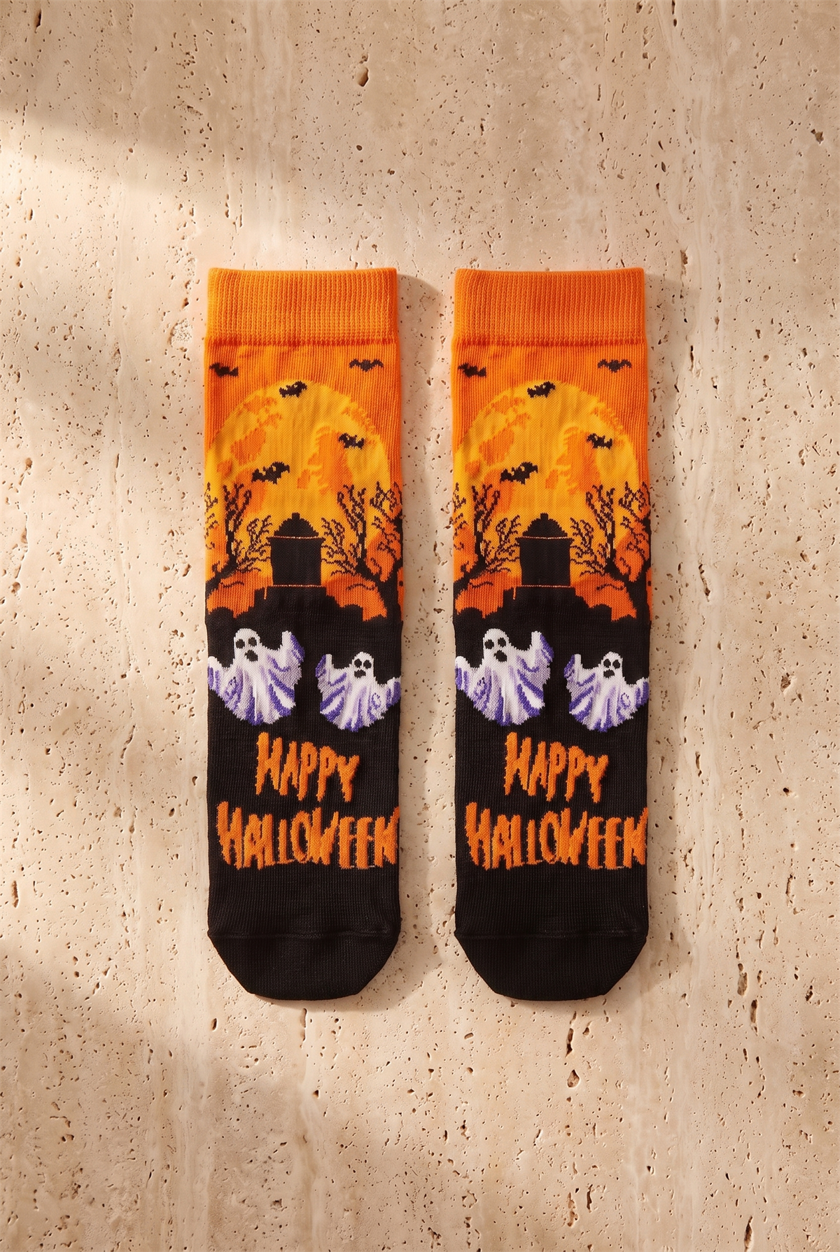 Unisex Happy Halloween Desenli Soket Çorap Turuncu