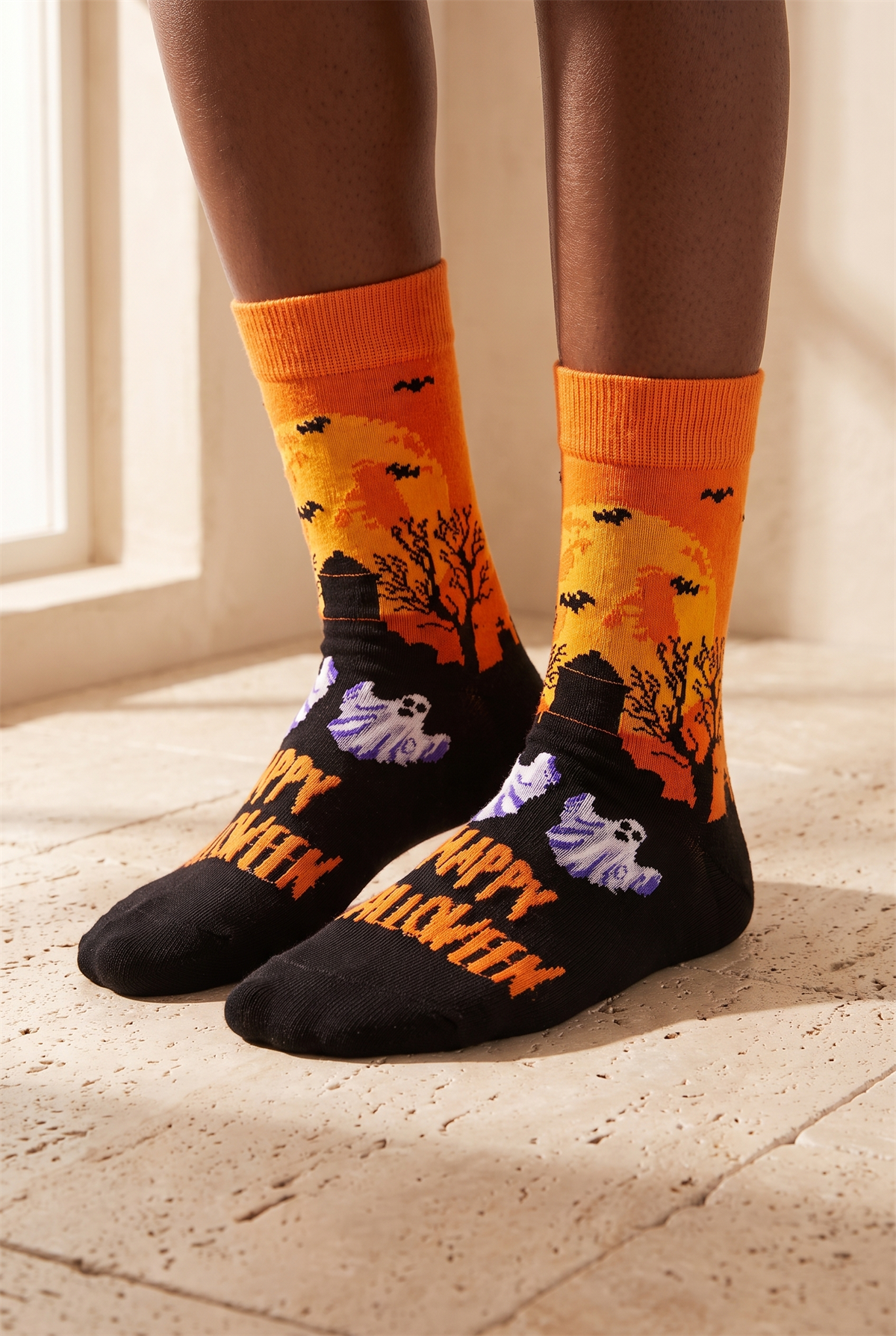Unisex Happy Halloween Desenli Soket Çorap Turuncu