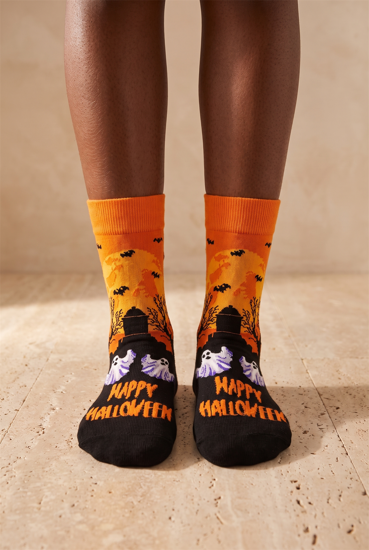 Unisex Happy Halloween Desenli Soket Çorap Turuncu